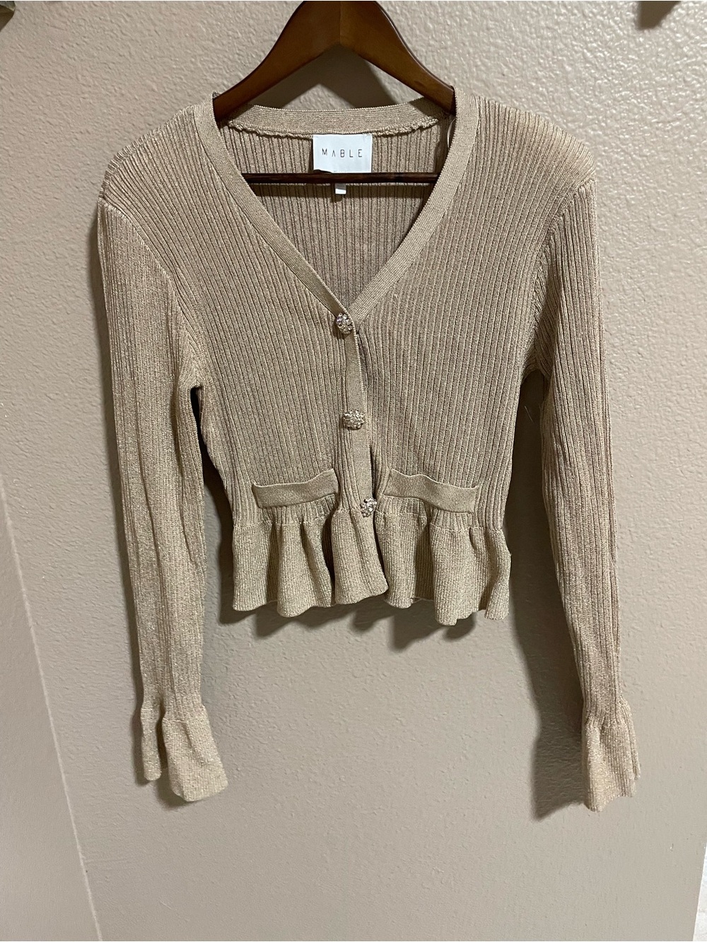 MABLE Beige Ribbed V-Neck Peplum Cardigan Sweater